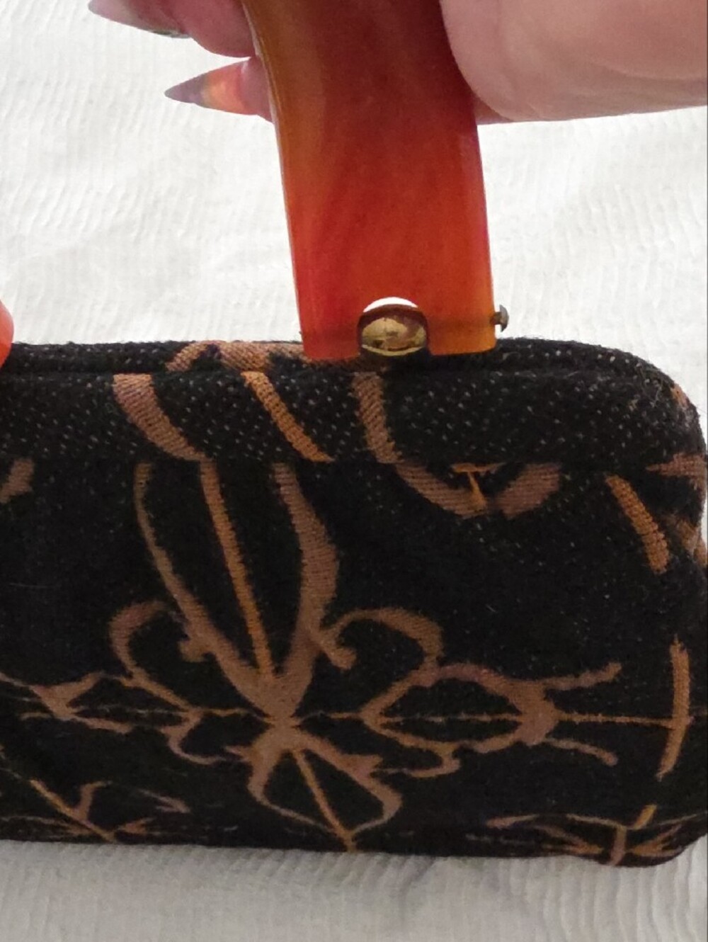 VINTAGE Ingber Black and Brown Patterned Wristlet Clutch with Amber Handle - Picture 3 of 12